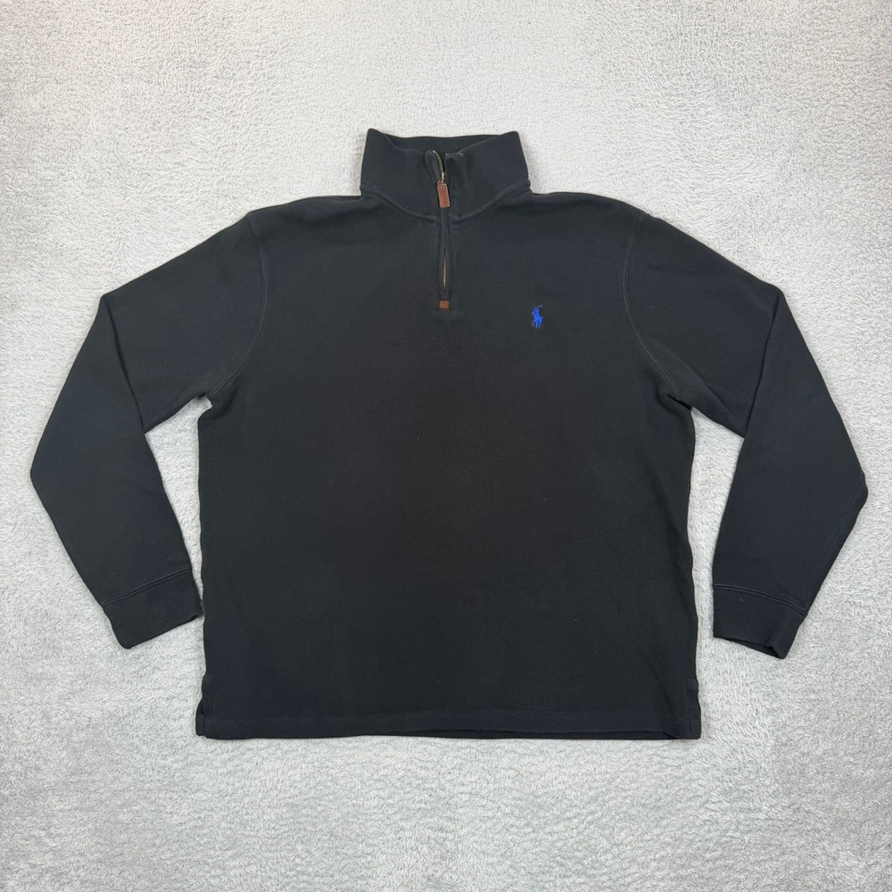 Polo Ralph Lauren Mens Large Black Cotton Quarter Zip Pullover Sweater Blue Pony